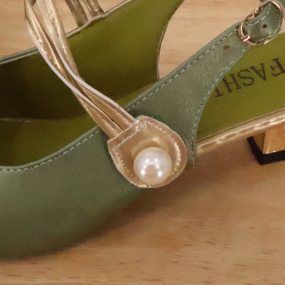 Sage Green Gold Slingback Kitten Heel Womens Size 8.5 Regency Victorian Costume - Picture 10 of 14